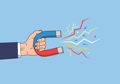 Illustrating the concept of attracting customers and generating business growth through marketing efforts using a horseshoe magnet metaphor