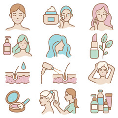 Vector flat line style sticker set with cosmetics, skincare, hair care, makeup and beauty treatment icons. Perfect for dermatology, cosmetology, spa, wellness and beauty industry design
