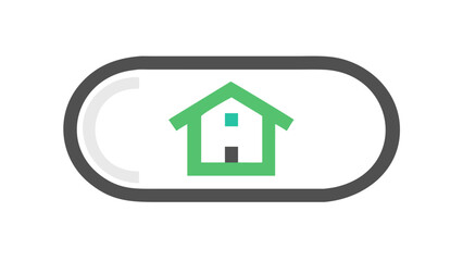 Modern minimalist house icon with a green roof and a blue window inside a rounded dark gray frame with a white crescent on a black background