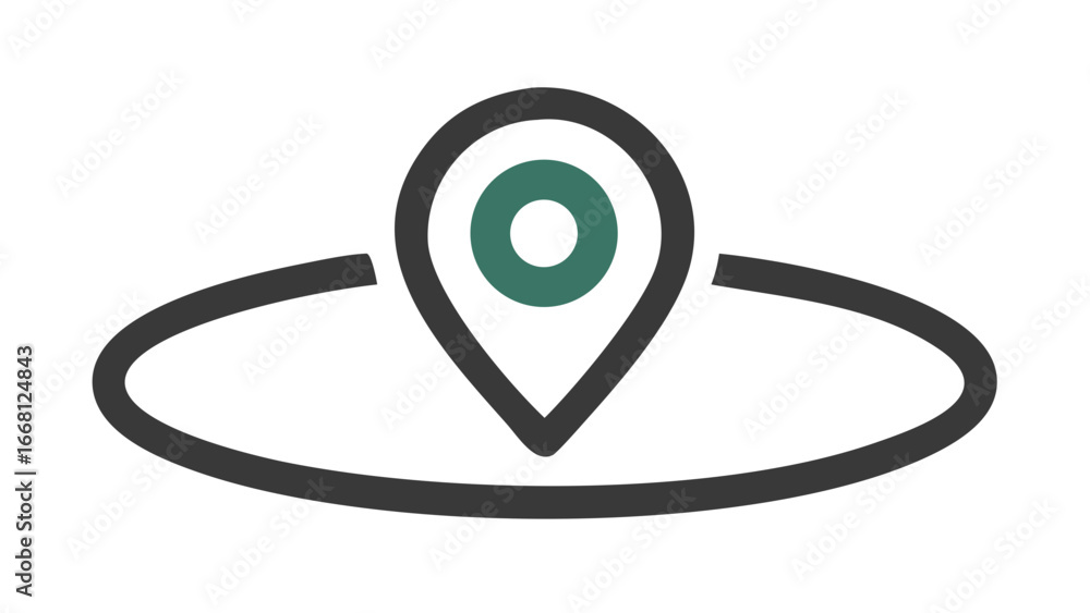 Poster a minimalist dark gray map pin icon with a teal circle inside is centered on a dark background with 