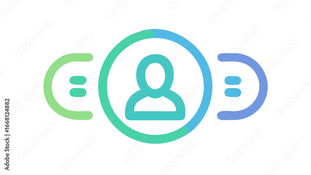 Poster abstract graphic representation of a person in a circle connected to communication symbols on a blac