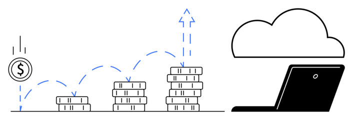 Coin progressing over increasing stacks with upward arrow, cloud, and laptop. Ideal for finance, savings, investment, technology, cloud computing virtual banking innovation. Simple flat metaphor