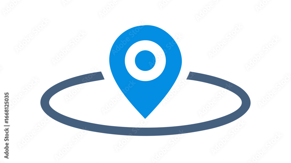 Poster a bright blue map marker icon with a dark blue outline is centered on a dark background with a curve