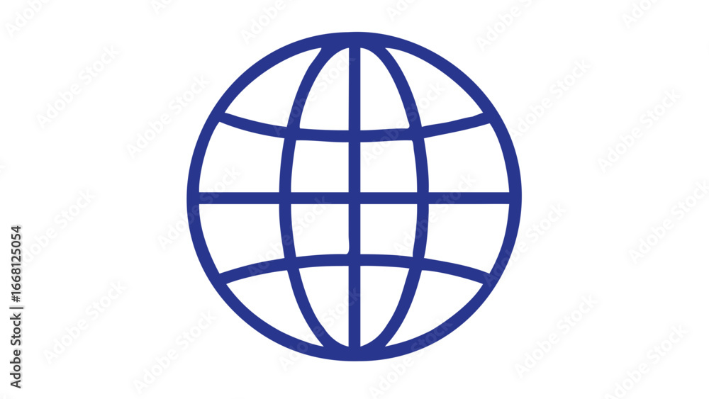 Poster a simple modern dark blue globe icon with a grid pattern representing global connectivity and the in