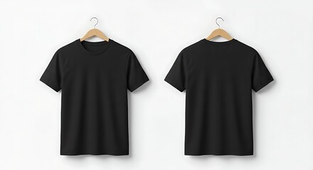 Two plain black t shirts hanging on wooden hangers against a white background