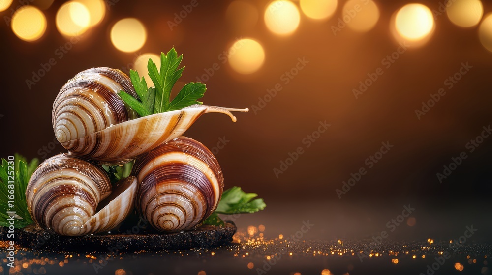 Poster three beautiful spiral shells with green leaves on a dark background with soft bokeh lights