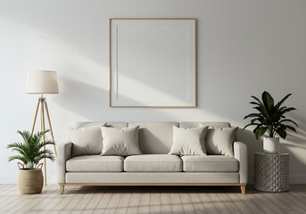 Modern living room with sofa and blank frame on wall