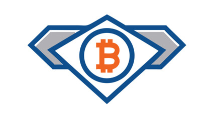 Stylized bitcoin logo with a shield emblem and abstract geometric design in blue and orange on a black background representing digital currency security and investment