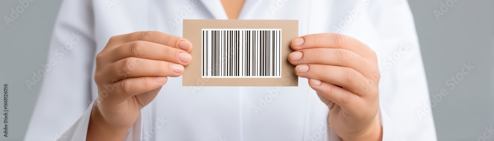 Poster hands holding a card with a barcode on a neutral background in a professional setting