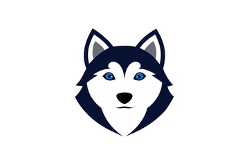 Stylized illustration of a friendly siberian husky dog face with bright blue eyes on a black background