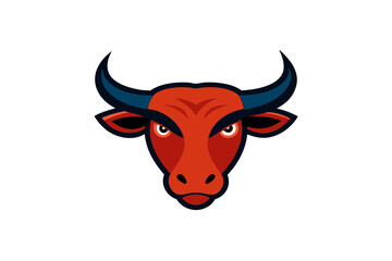 Fierce red bull head mascot with dark blue horns and intense eyes on a black background