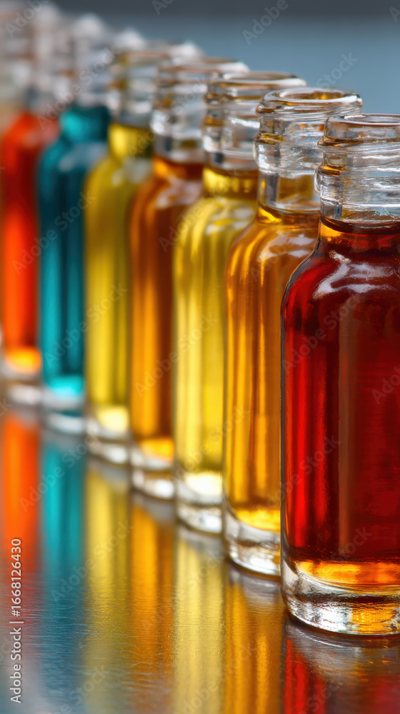 Aufkleber row of small glass bottles filled with colorful syrups creates vibrant display, reflecting light on 