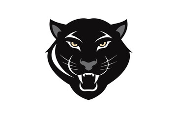 Fierce black panther head with yellow eyes and bared teeth against a stark black background