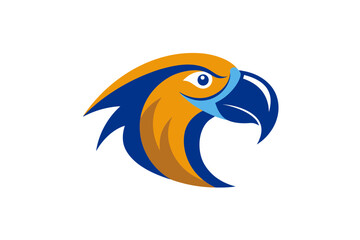 Stylized graphic illustration of a vibrant blue and orange macaw parrot head with a black background