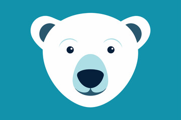 Friendly cartoon polar bear face with big eyes and dark nose on a teal background simple flat illustration