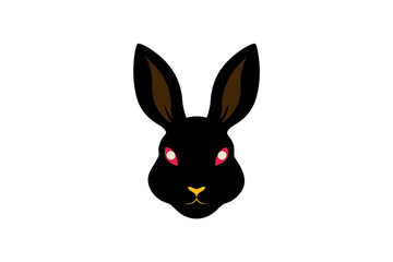 Minimalist illustration of a dark rabbit face with glowing red eyes and a yellow nose against a black background