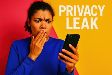 Shocked woman reacting to privacy leak on phone. Use for online fraud prevention, cybersecurity campaigns, IT safety visuals, or data breach awareness.
