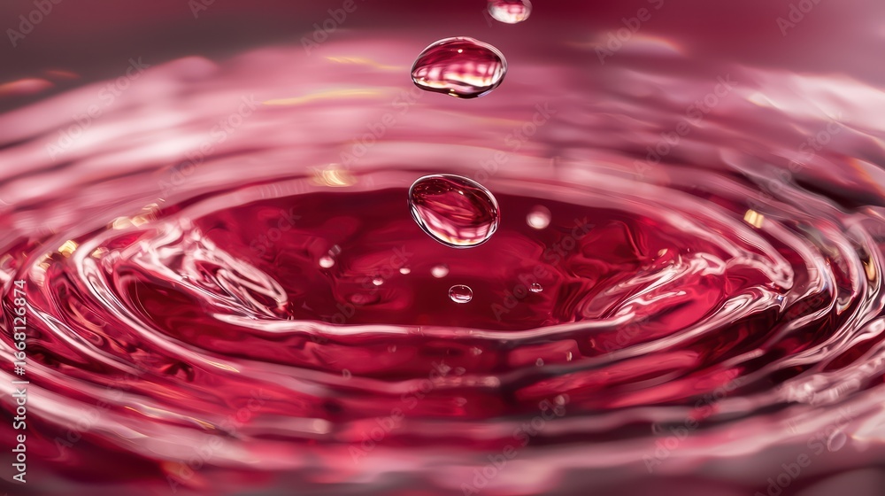 Poster close-up of water droplets creating ripples in deep red liquid background