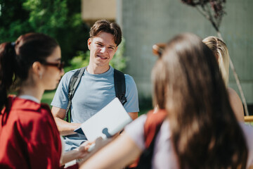 A group of university students engages in an outdoor discussion with a teacher on campus. They are enjoying learning together in a relaxed, academic atmosphere, fostering collaboration.