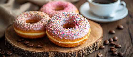 Delicious pink donuts with colorful sprinkles and a cup of coffee on a wooden table surrounded by coffee beans.
Useful for culinary blogs, advertising cafes 