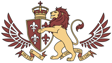 Majestic lion holding a heraldic shield with fleur de lis and crown above surrounded by wings and a banner with latin text © stock
