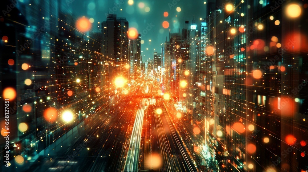 Poster a glowing city backdrop with dynamic light lines and bokeh effect, ideal for technological presentat