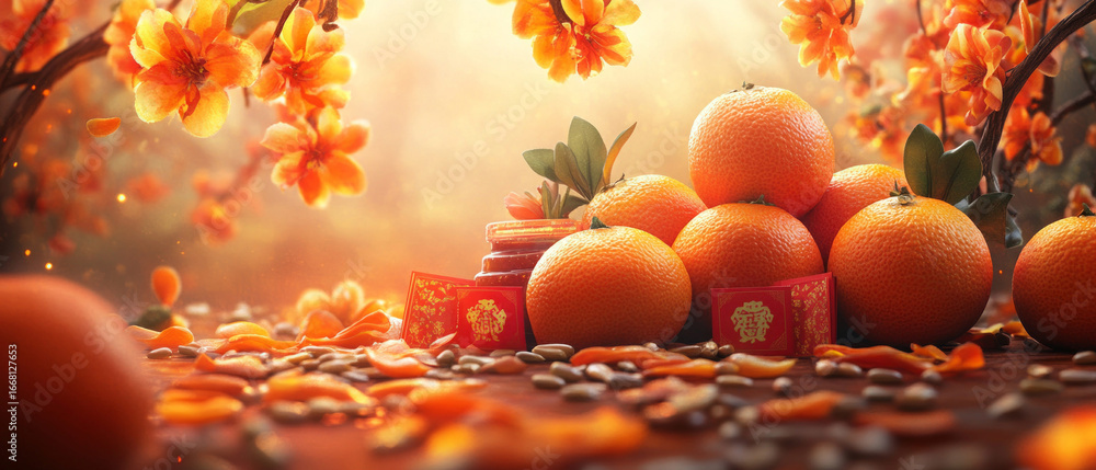 Sticker an abstract background with bright orange flowers and tangerines against a backdrop of autumn branch