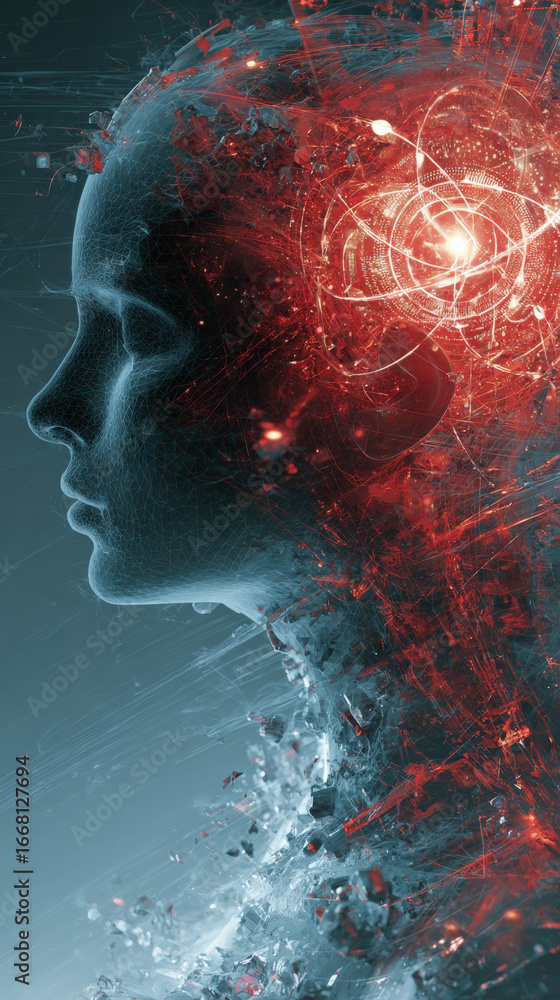 Aufkleber digital artwork depicting futuristic human profile with glowing brain, symbolizing advanced technolo