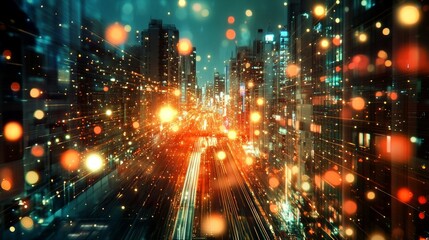 Fototapeta premium A glowing city backdrop with dynamic light lines and bokeh effect, ideal for technological presentations and creative projects.