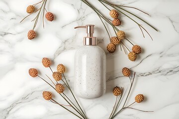 Elegant lotion bottle with dried floral accents on marble