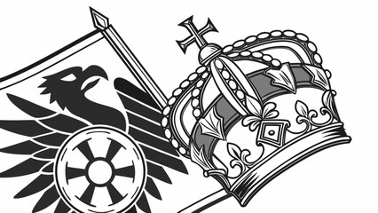 Stylized black and white illustration of a regal crown and heraldic eagle with a wheel emblem on a white background