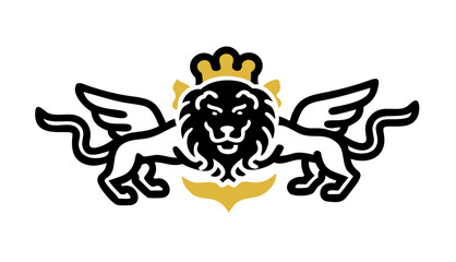 Stylized golden crown and ornate shield emblem symbolizing royalty power and luxury against a stark black background