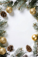 Festive christmas frame with pine branches, gold ornaments, and snowy pinecones, Christmas and New Year celebration