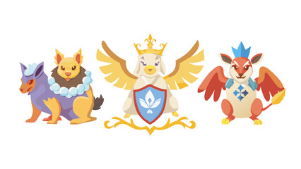 Three stylized mythical creatures with distinct crowns and shields representing different fantasy elements and kingdoms set against a black background
