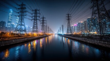 Fototapeta premium Dramatic cityscape with electricity pylons reflecting in the calm river