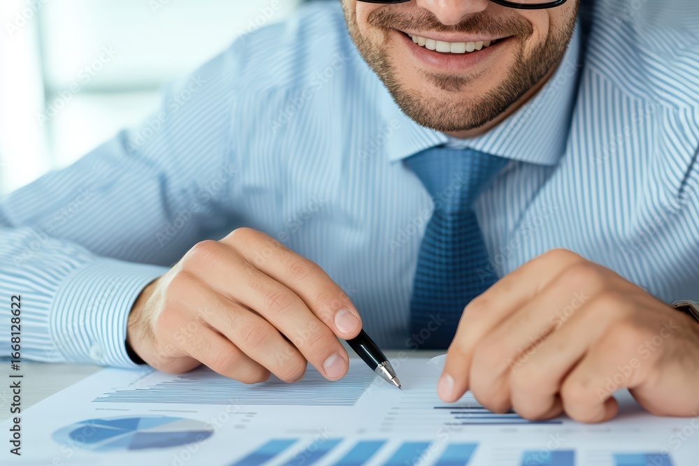 Aufkleber smiling businessman analyzing financial graphs and charts with pen on table in office setting