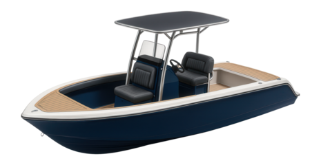 Center console powerboat with a blue hull and T-top canopy
