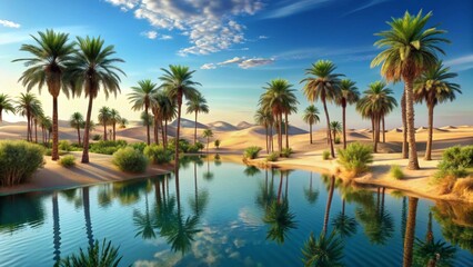 Serene Oasis Palm Trees Mirrored in a Tranquil Desert Pool at Sunset