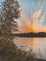  Sunset over the lake with ducks and dramatic sky.