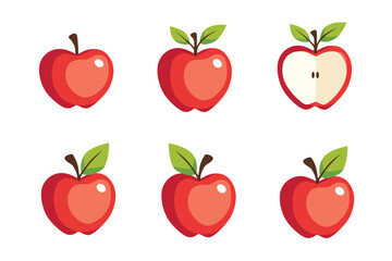 Flat vector illustration of red apples whole and sliced with green leaves, simple fruit design isolated on white background