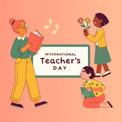 Art & IllustrationPortrait of a happy smiling satisfied teacher woman with a bouquet of flowers and helium balloons in the classroom during celebrating world teachers day and international Teachers da