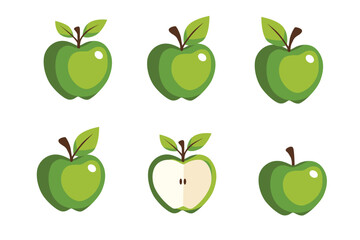 Flat vector illustration of green apples whole and sliced with leaves, healthy organic fruit design isolated on white background