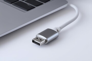 Fototapeta premium Close-up of USB Cable Connected to Laptop Featuring Silver Connector and White Cord