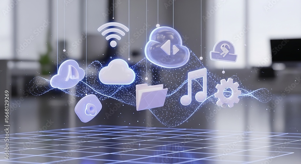 Poster cloud computing and digital services icons floating in a modern office
