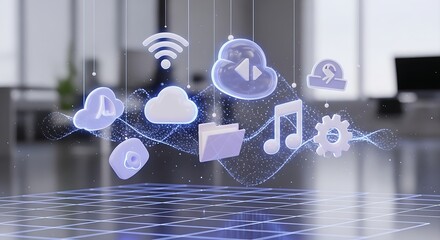 Cloud computing and digital services icons floating in a modern office