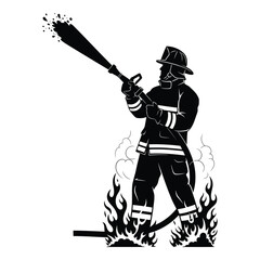 Brave firefighter dousing flames with powerful water hose in dramatic silhouette style silhouette
