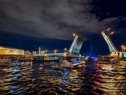 Open Troitsky (Trinity) bridge night, Saint Petersburg, Russia