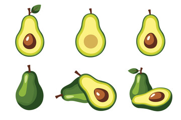 Flat vector illustration of avocados, whole and half cut with seed, fresh tropical fruit design isolated on white background