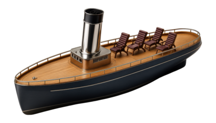 Classic steamship with a tall funnel and wooden deck chairs