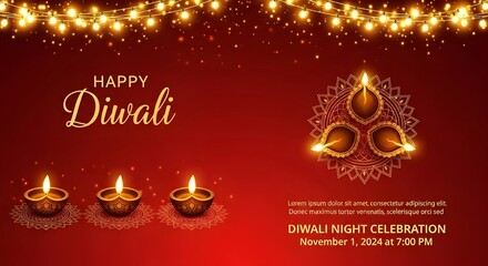 Happy diwali celebration with glowing diyas and festive lights on a red background, symbolizing prosperity and new beginnings during the festival of lights